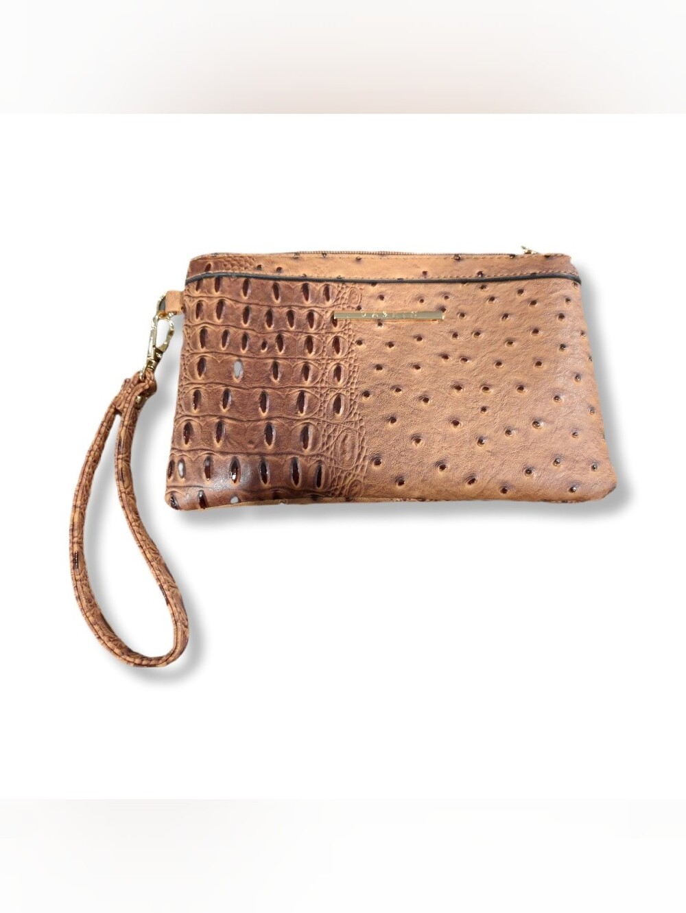 Textured Ostrich-Trim Wristlet Clutch in Cognac Brown